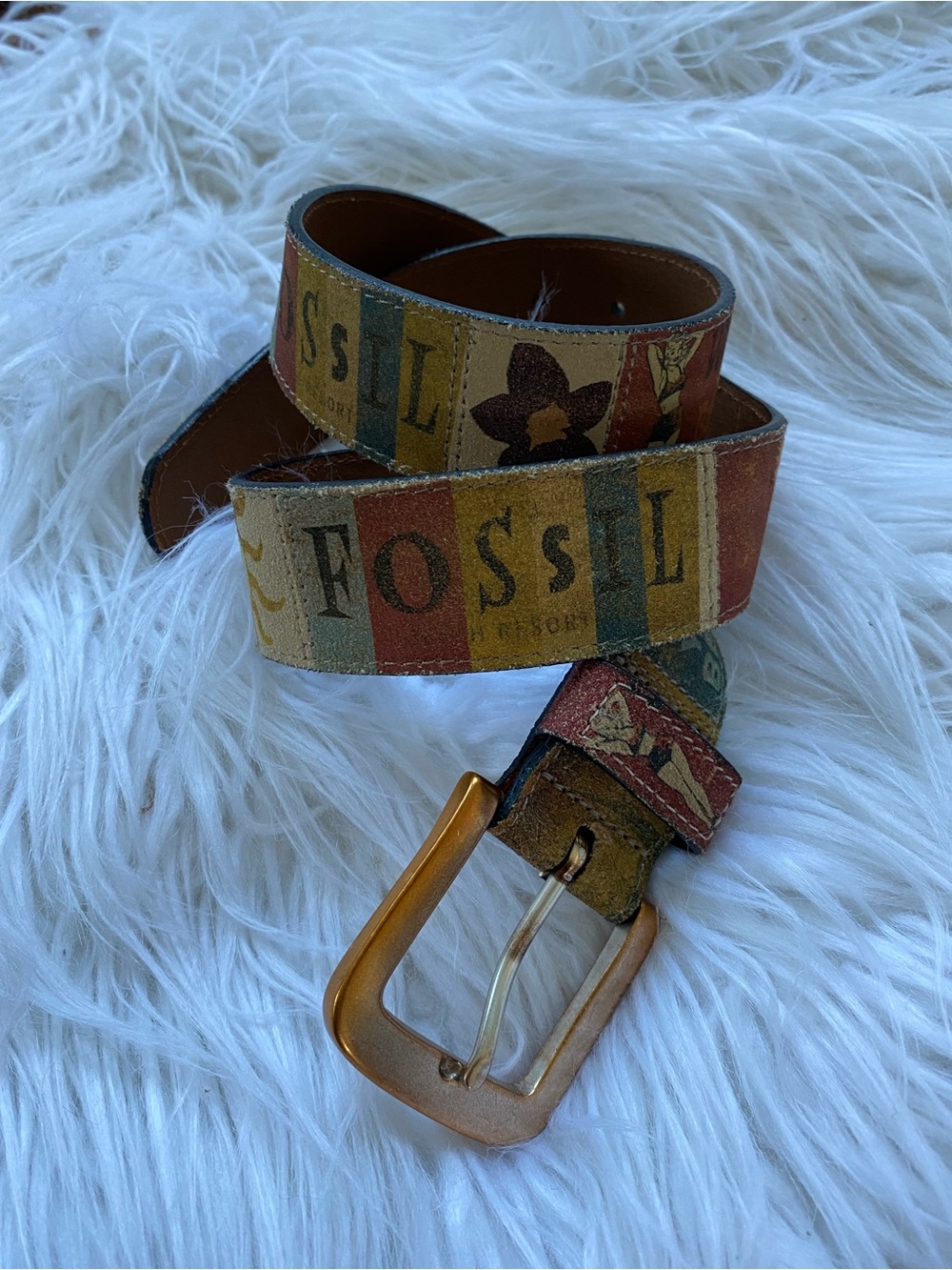 Fossil Multicolor Striped Beachy Logo Leather Belt with Rose Gold Buckle
